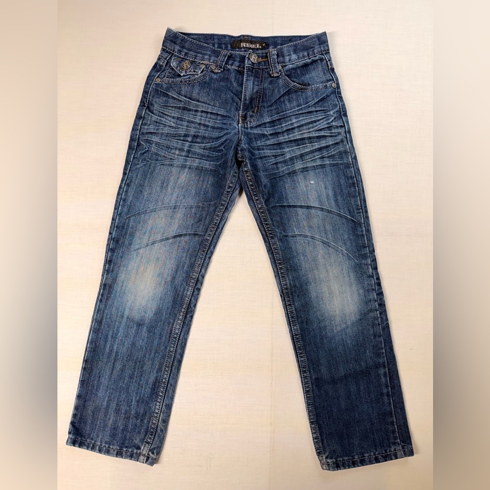 Rebel Jeans Boys Size 10 Dark Wash Denim With Whiskering And Embroidered Pockets